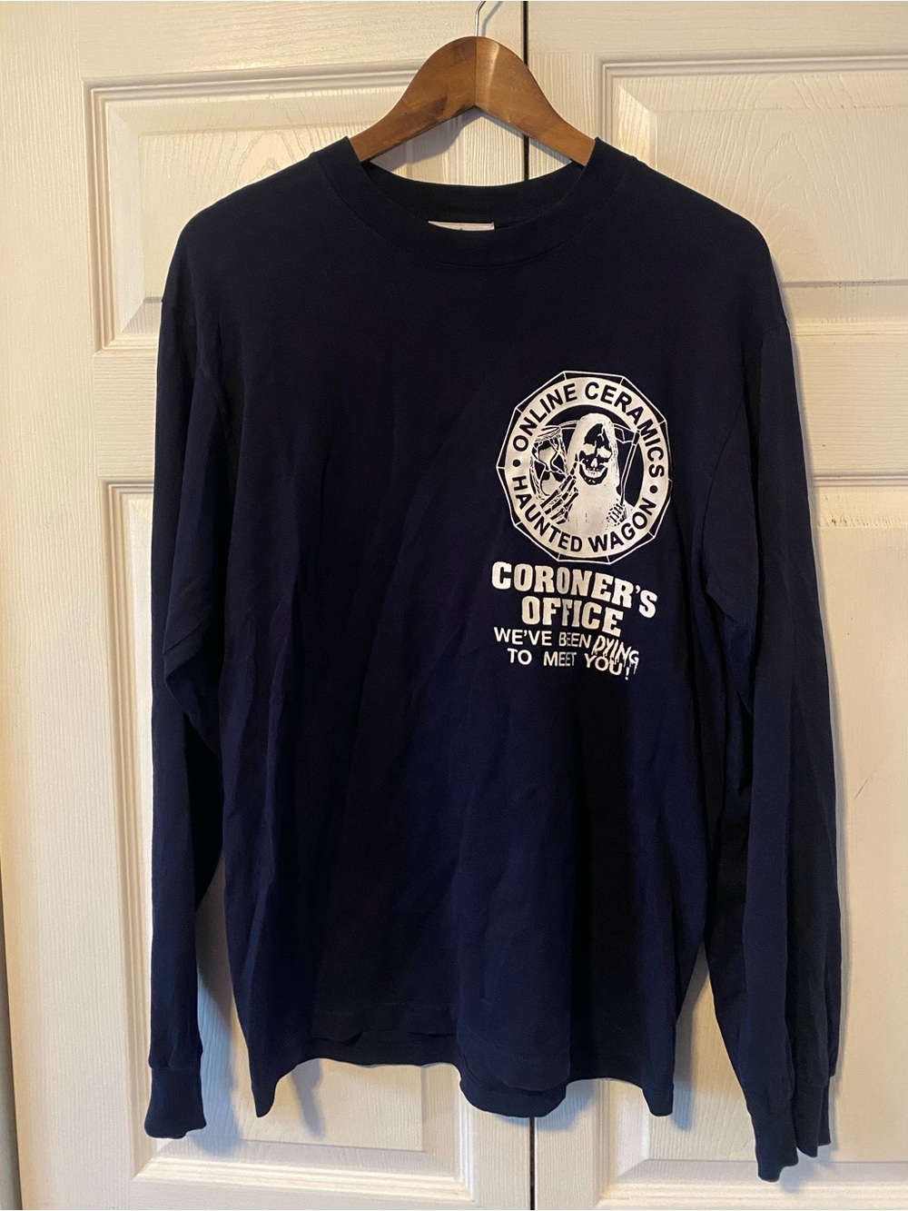 ONLINE CERAMICS “The Coroner” Dark Blue Long Sleeve Graphic Tee, Size S